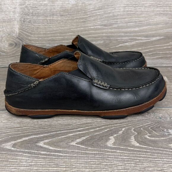 OluKai Moloa Mens Size 10.5 Black Leather Collapsible Heel Slip On Loafer - Picture 1 of 11